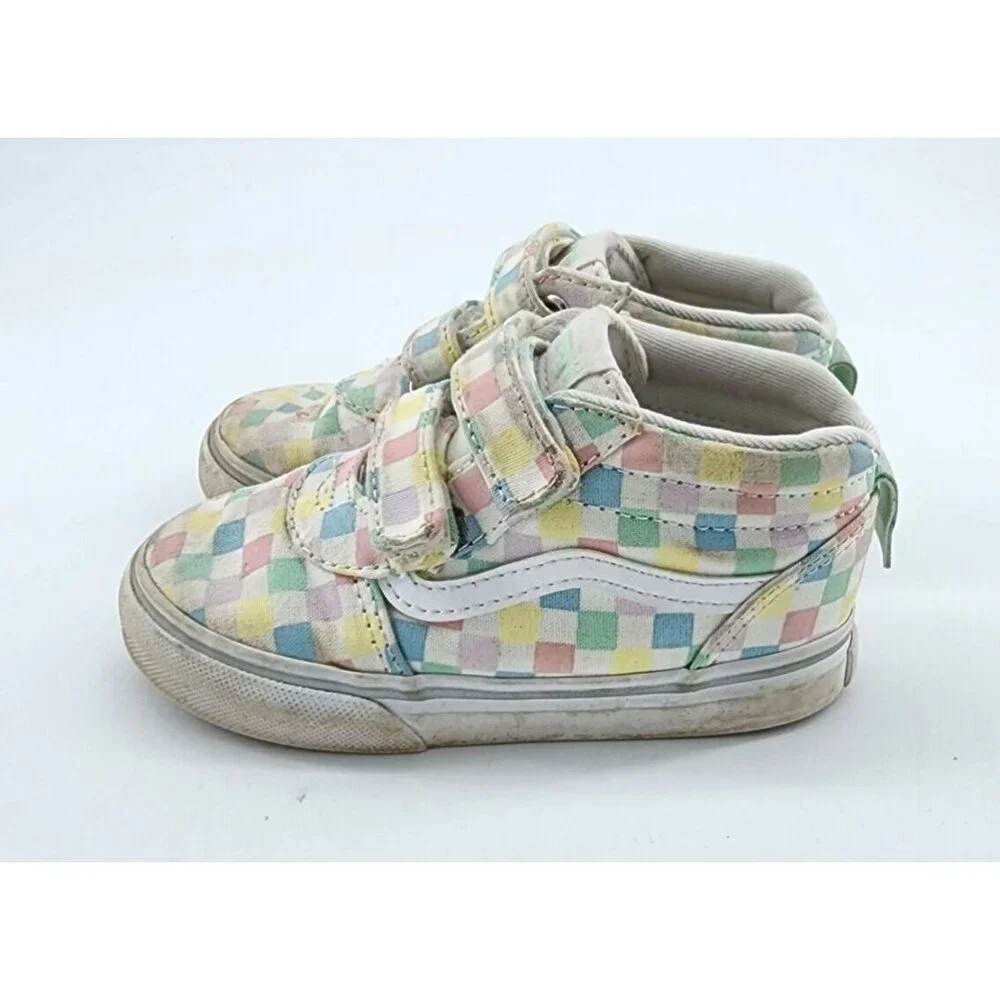 Vans Hi Top Skate Sneaker Shoes Hook & Loop Straps Pastel Check Toddler‎ Size 8